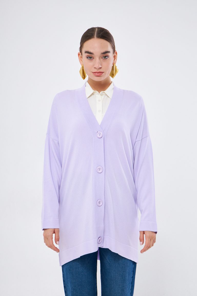 Mizalle V Yaka Lila Uzun Basic Hırka - Mizalle