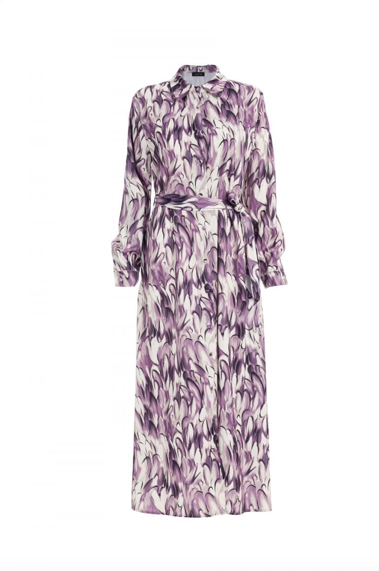Mizalle Lila Desenli Şifon Uzun Gömlek Elbise - Mizalle