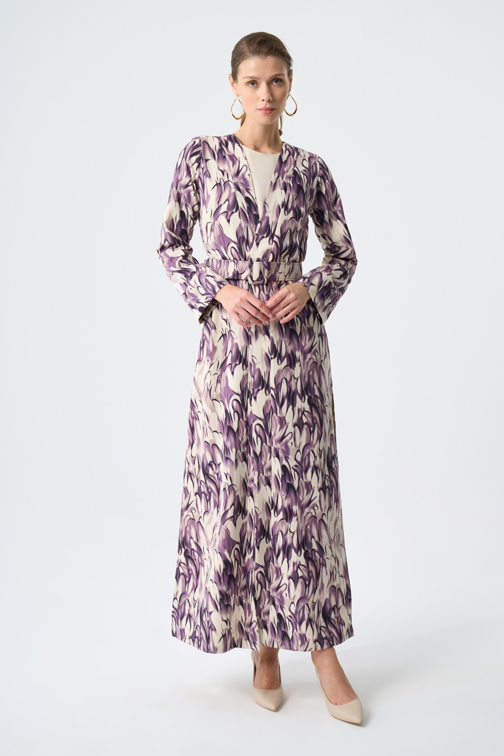Mizalle Mor Desenli İki Parçalı Kimono Elbise Takım