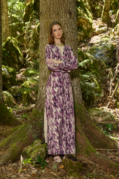 Mizalle Mor Desenli İki Parçalı Kimono Elbise Takım - Mizalle