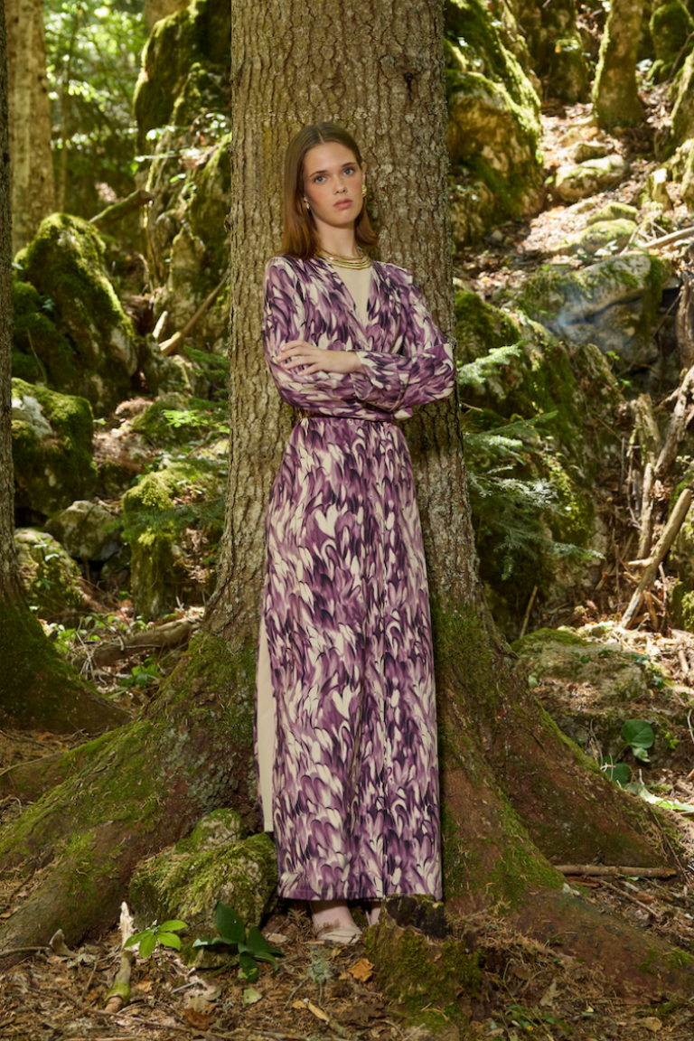 Mizalle Mor Desenli İki Parçalı Kimono Elbise Takım - Mizalle