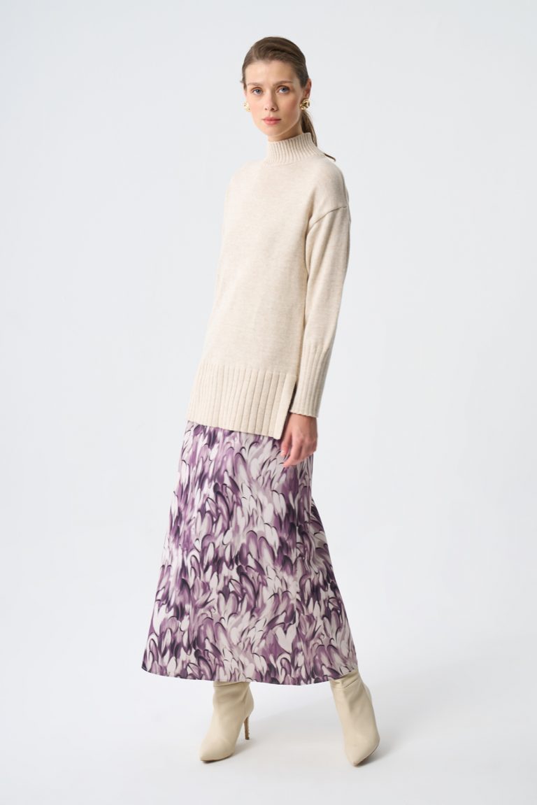 Mizalle Lila Desenli Uzun Saten Çan Etek - Mizalle