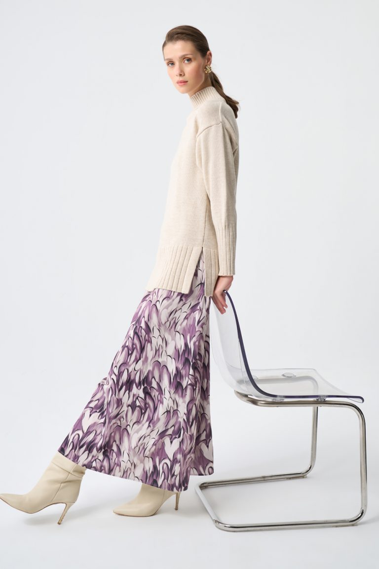 Mizalle Lila Desenli Uzun Saten Çan Etek - Mizalle