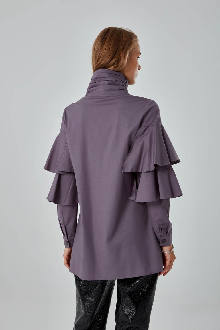 Mizalle Dik Yaka Çift Volanlı Kol Detaylı Gri Rahat Kesim Gömlek - Mizalle