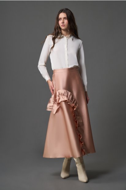 Mizalle Fırfır Detaylı A Kesim Uzun Pudra Pembe Saten Etek - Mizalle