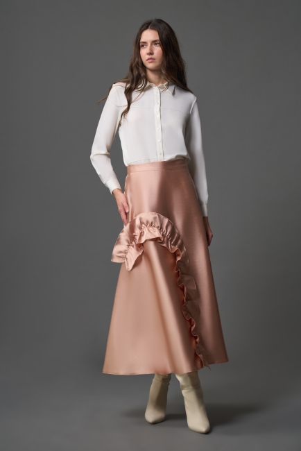 Mizalle - Mizalle Fırfır Detaylı A Kesim Uzun Pudra Pembe Saten Etek