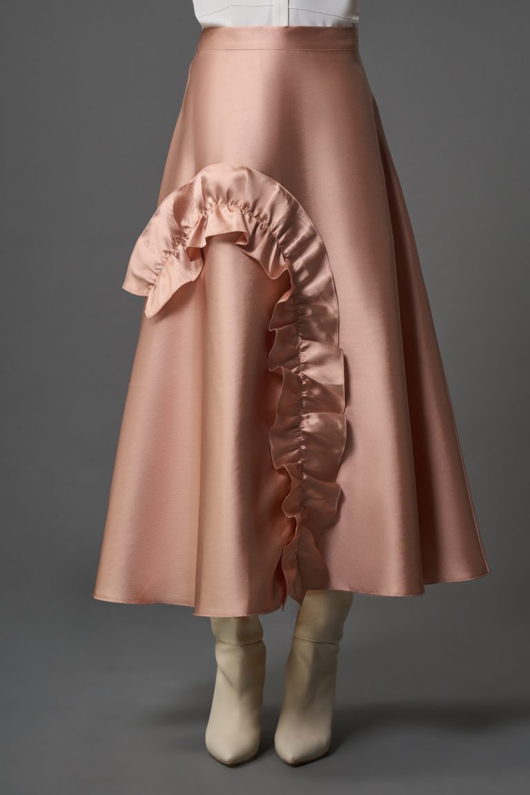 Mizalle Fırfır Detaylı A Kesim Uzun Pudra Pembe Saten Etek - Mizalle