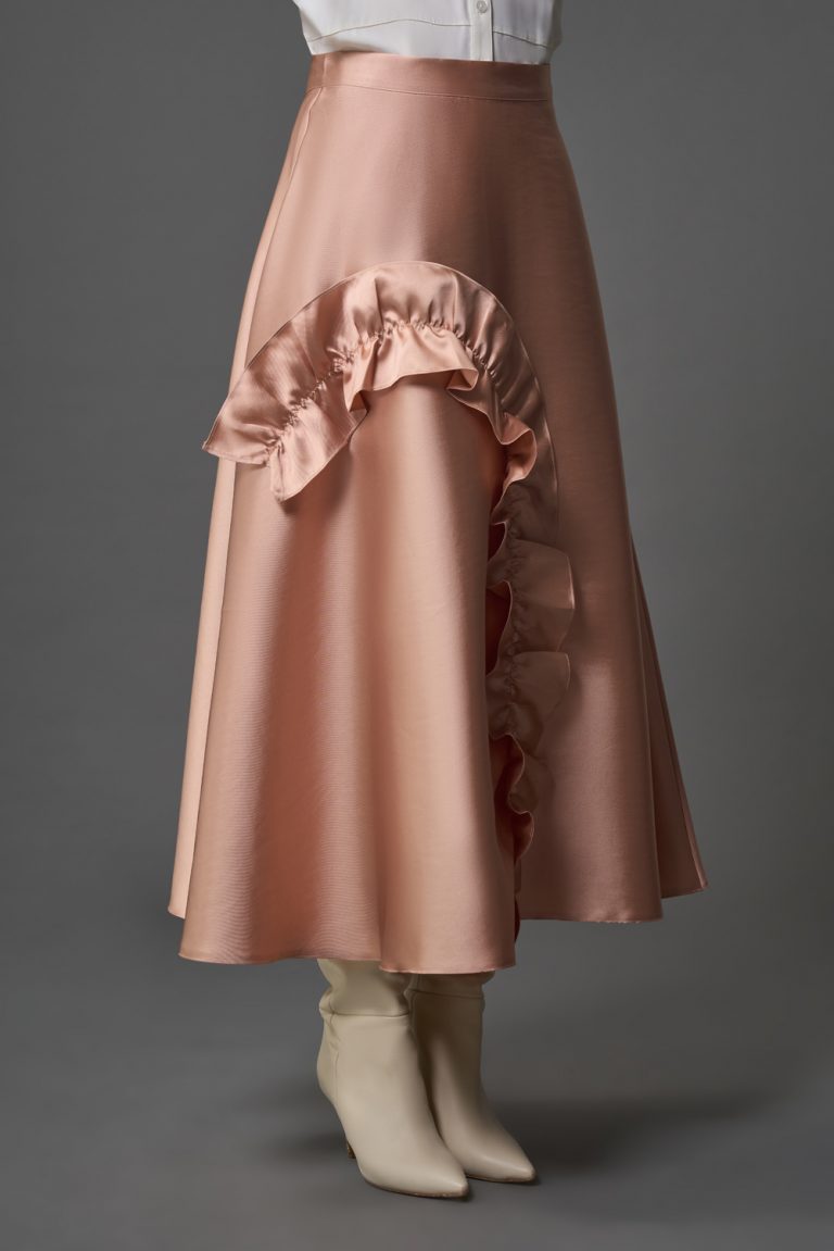 Mizalle Fırfır Detaylı A Kesim Uzun Pudra Pembe Saten Etek - Mizalle