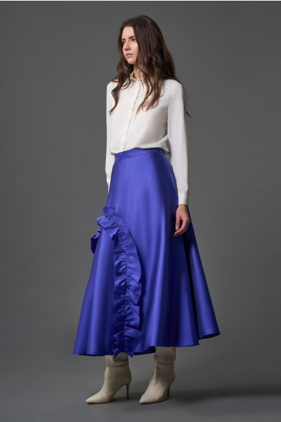 Mizalle Fırfır Detaylı A Kesim Saks Mavisi Pembe Saten Etek - Mizalle