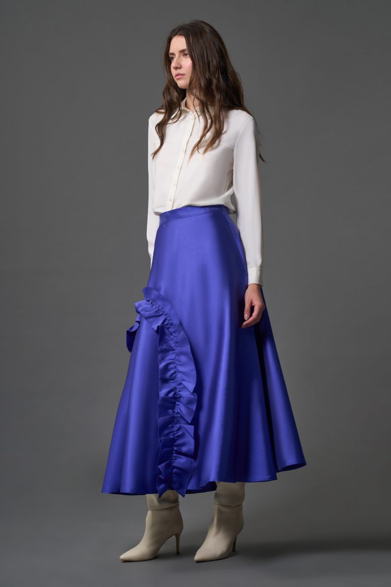 Mizalle Fırfır Detaylı A Kesim Saks Mavisi Pembe Saten Etek - Mizalle