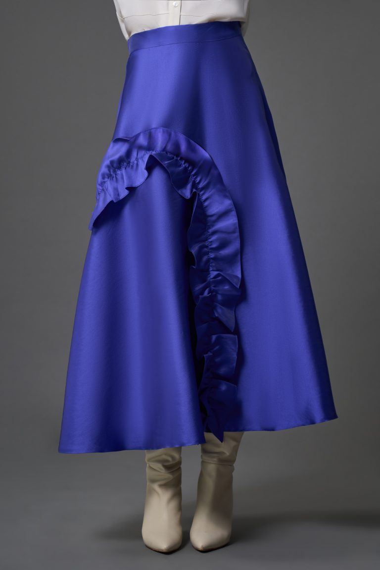 Mizalle Fırfır Detaylı A Kesim Saks Mavisi Pembe Saten Etek - Mizalle