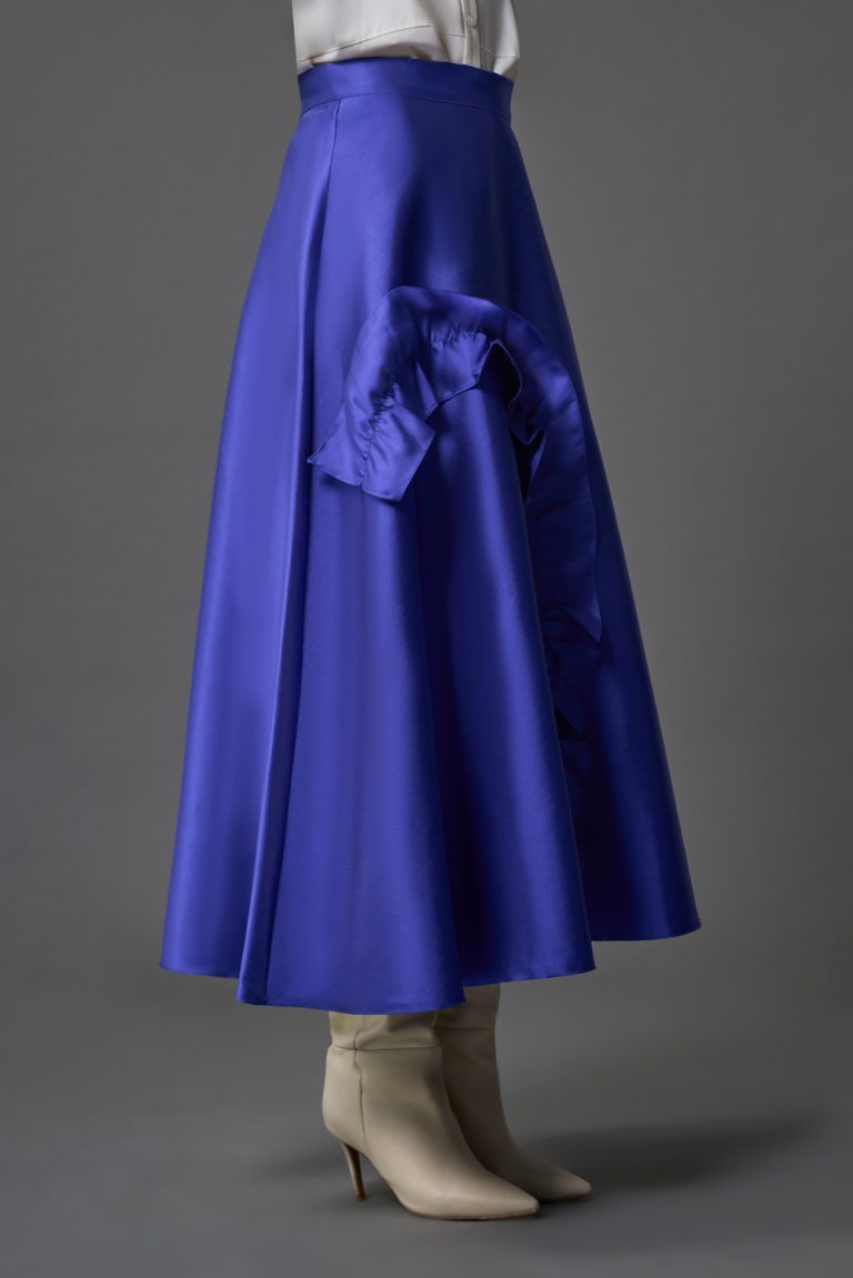 Mizalle Fırfır Detaylı A Kesim Saks Mavisi Pembe Saten Etek - Mizalle