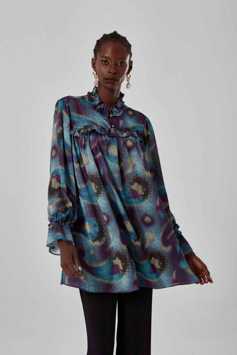 Mizalle Fırfırlı Yakalı Mavi Desenli Tunik - Mizalle