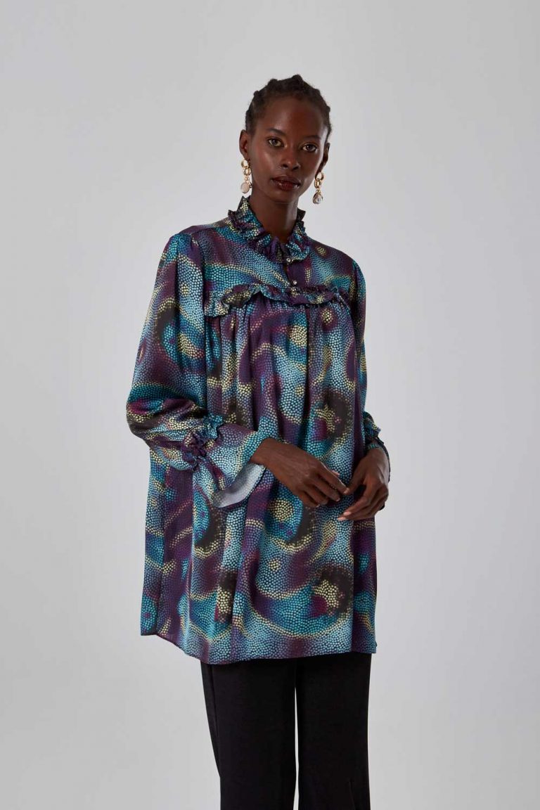 Mizalle Fırfırlı Yakalı Mavi Desenli Tunik - Mizalle