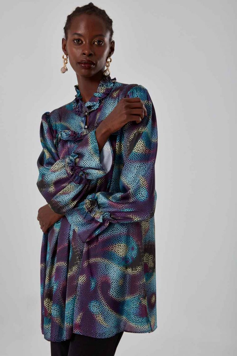 Mizalle Fırfırlı Yakalı Mavi Desenli Tunik - Mizalle