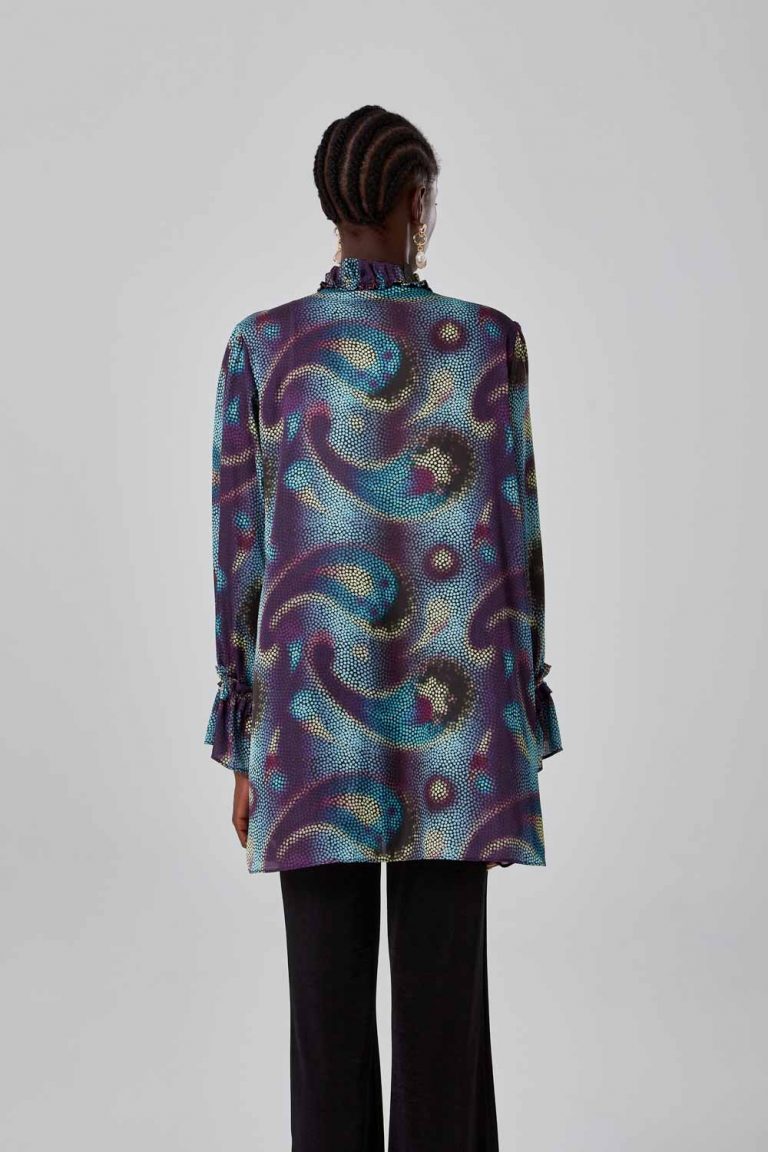 Mizalle Fırfırlı Yakalı Mavi Desenli Tunik - Mizalle