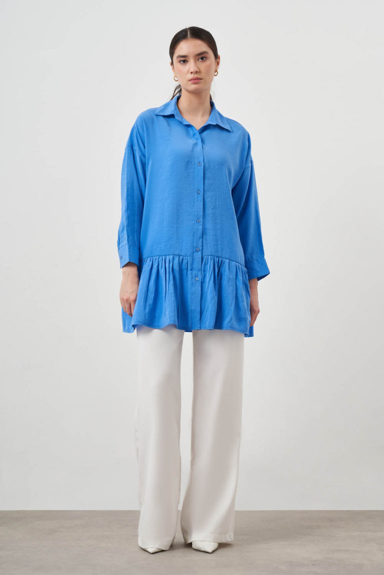 Mizalle Eteği Volanlı Mavi Tunik - Mizalle