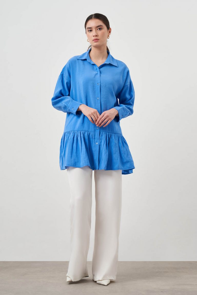 Mizalle Eteği Volanlı Mavi Tunik - Mizalle