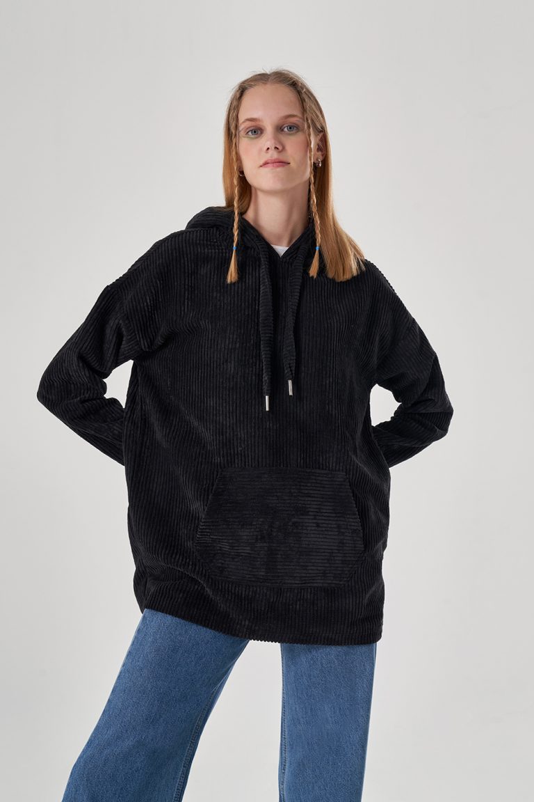Mizalle Siyah Kanguru Cepli Fitilli Kadife Sweatshirt - Mizalle