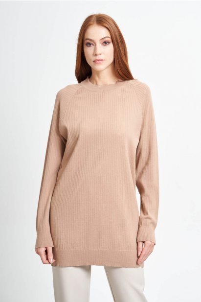 Mizalle Camel Kanallı Örme Yuvarlak Yaka Uzun Triko Kazak - Mizalle