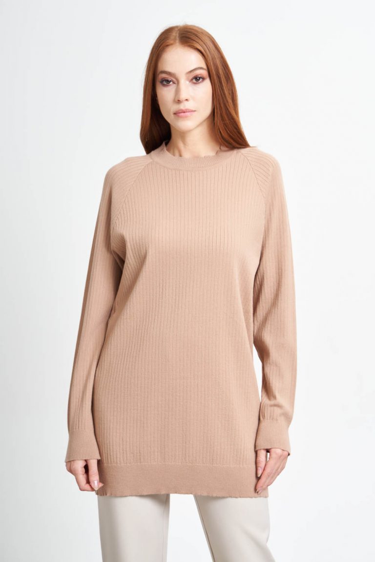 Mizalle Camel Kanallı Örme Yuvarlak Yaka Uzun Triko Kazak - Mizalle