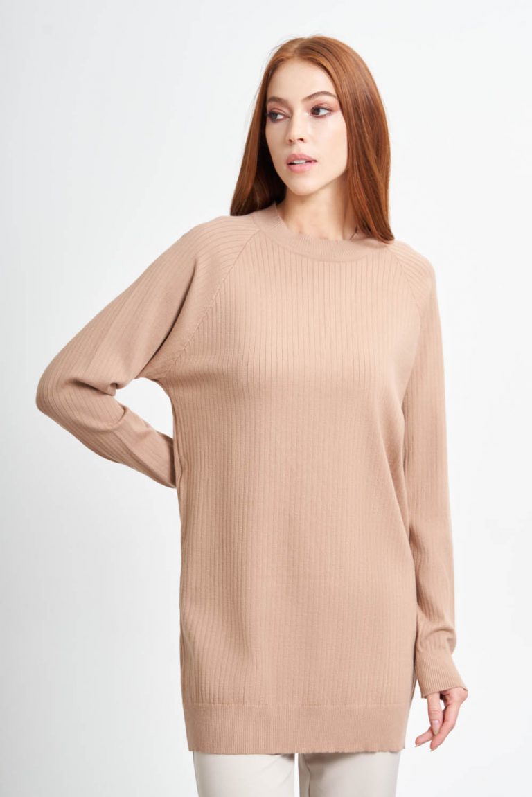 Mizalle Camel Kanallı Örme Yuvarlak Yaka Uzun Triko Kazak - Mizalle