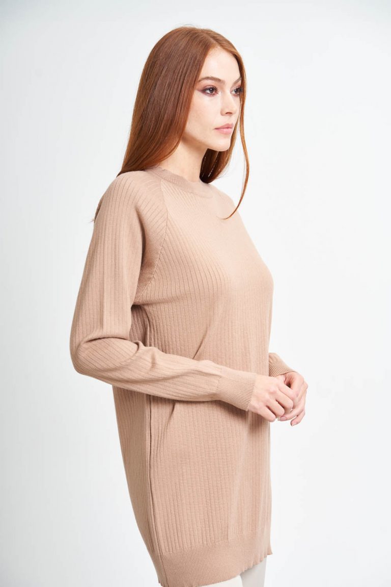 Mizalle Camel Kanallı Örme Yuvarlak Yaka Uzun Triko Kazak - Mizalle