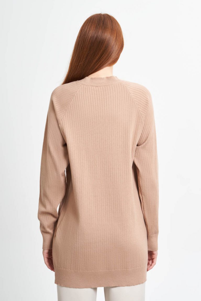 Mizalle Camel Kanallı Örme Yuvarlak Yaka Uzun Triko Kazak - Mizalle