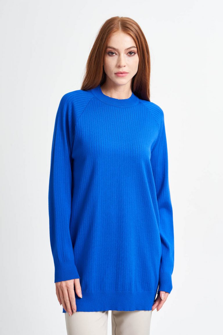 Mizalle Saks Mavi Kanallı Örme Yuvarlak Yaka Uzun Triko Kazak - Mizalle