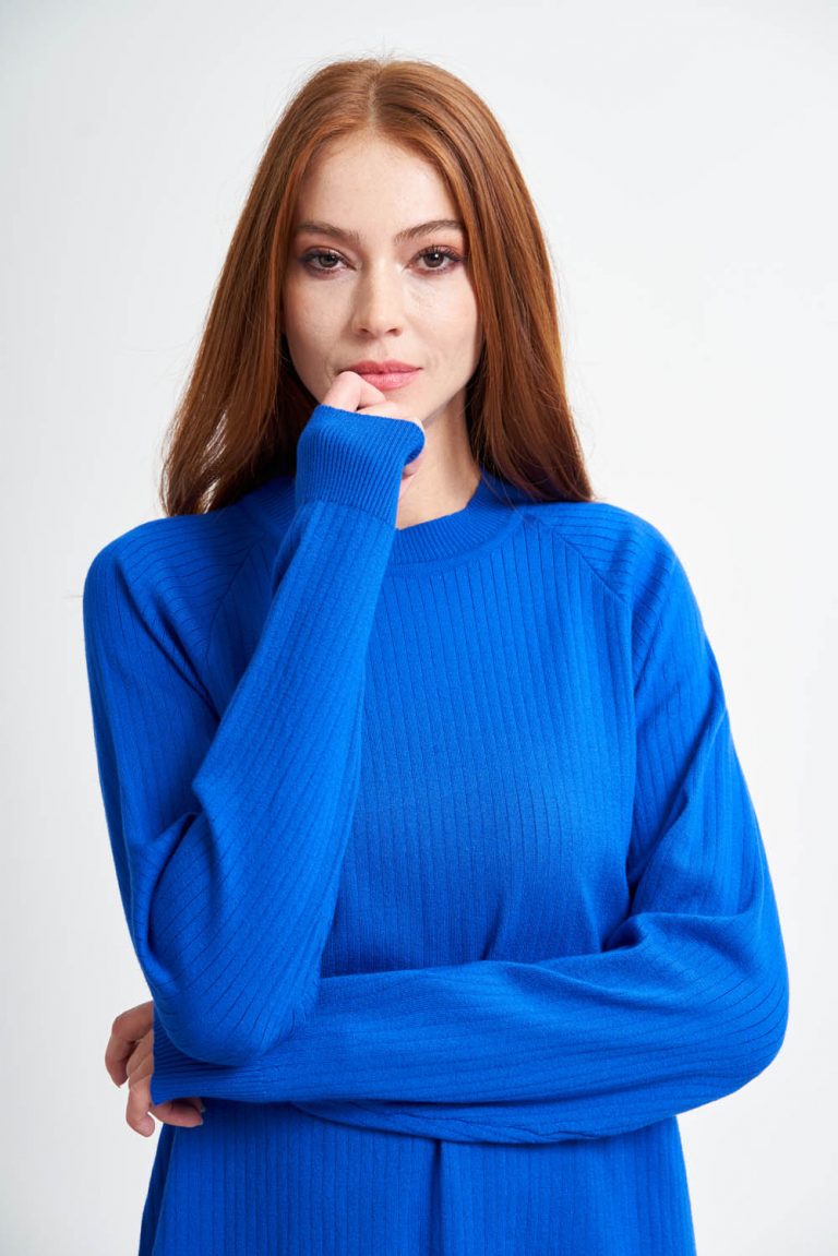 Mizalle Saks Mavi Kanallı Örme Yuvarlak Yaka Uzun Triko Kazak - Mizalle