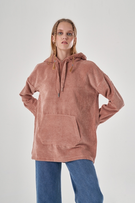 Mizalle Gül Kurusu Kanguru Cepli Fitilli Kadife Sweatshirt