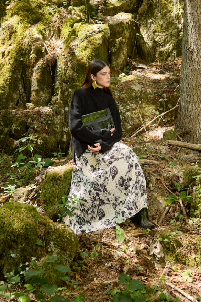 Mizalle Full İnce Piliseli Bej Desenli Uzun Etek - Mizalle