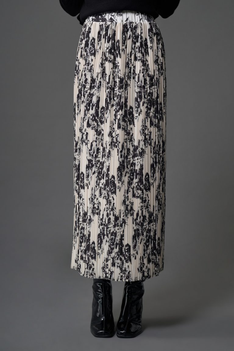 Mizalle Full İnce Piliseli Bej Desenli Uzun Etek - Mizalle