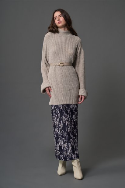 Mizalle Full İnce Piliseli Lacivert Desenli Uzun Etek - Mizalle