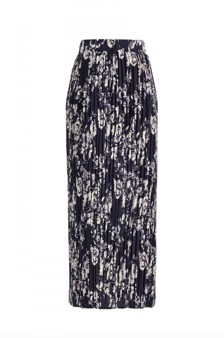 Mizalle Full İnce Piliseli Lacivert Desenli Uzun Etek - Mizalle