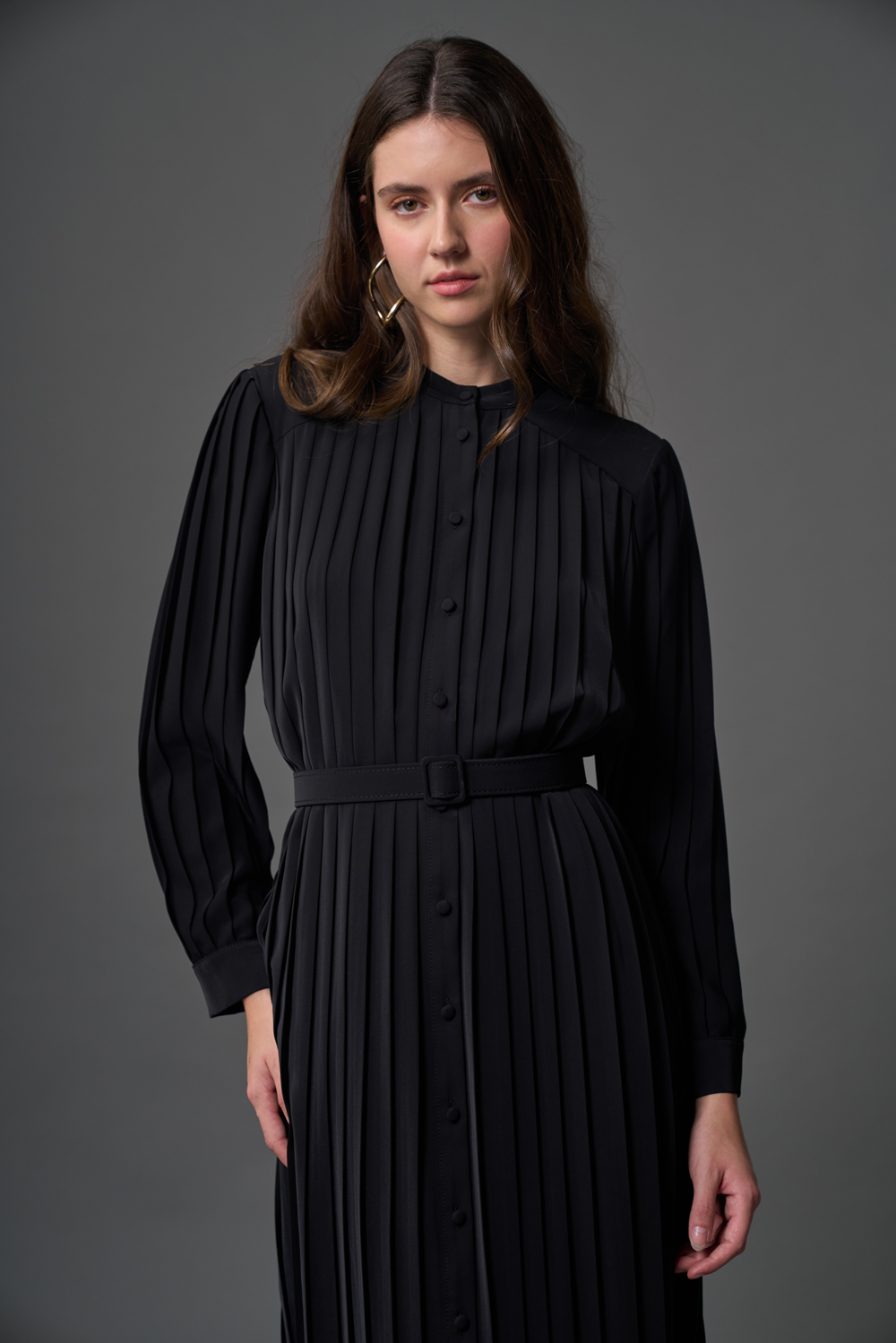 Mizalle Siyah Hakim Yaka İnce pliseli Maksi Şifon Elbise - 2