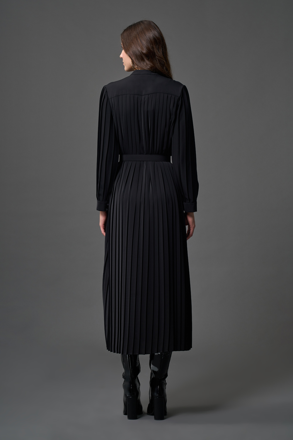 Mizalle Siyah Hakim Yaka İnce pliseli Maksi Şifon Elbise - 4