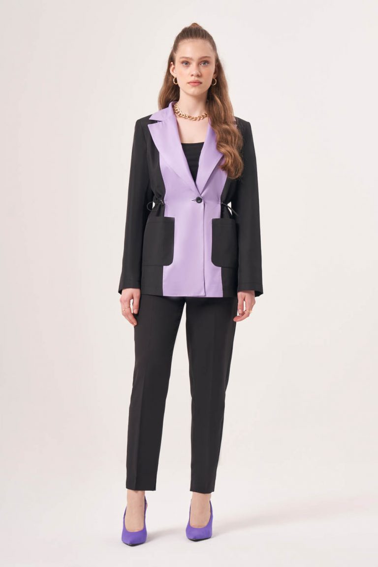 Mizalle Beli Büzgülü Siyah Lila Renk Bloklu Blazer Ceket - Mizalle