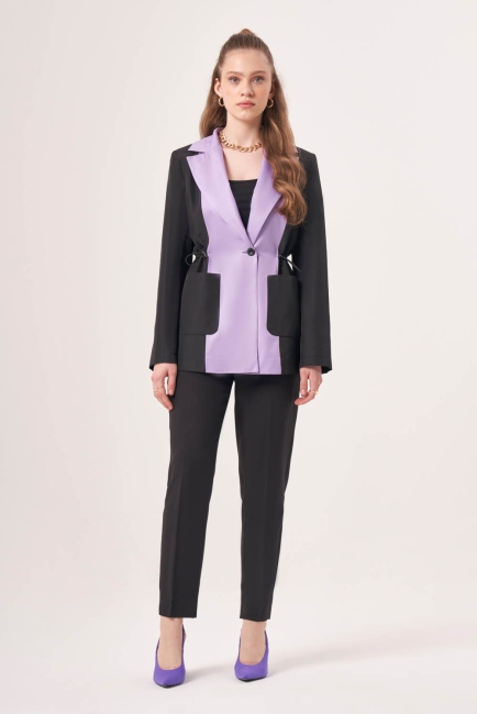 Mizalle - Mizalle Beli Büzgülü Siyah Lila Renk Bloklu Blazer Ceket