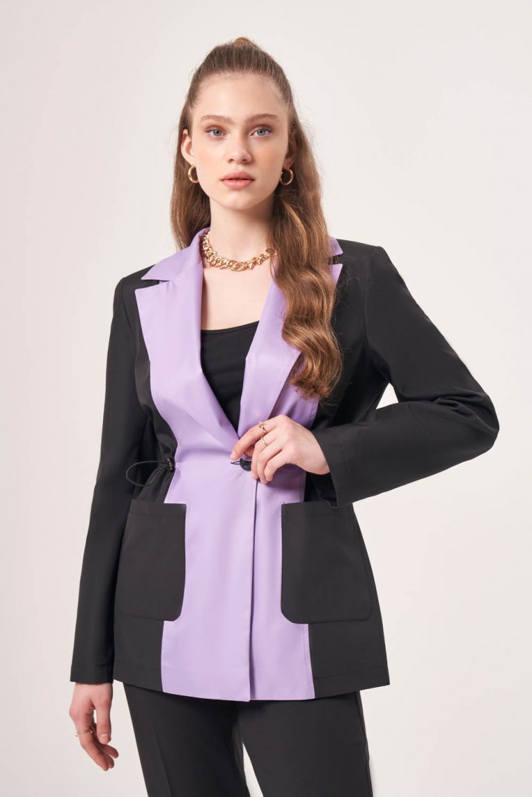 Mizalle Beli Büzgülü Siyah Lila Renk Bloklu Blazer Ceket - Mizalle