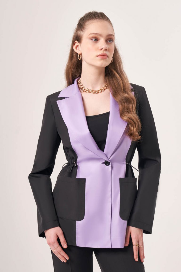 Mizalle Beli Büzgülü Siyah Lila Renk Bloklu Blazer Ceket - Mizalle