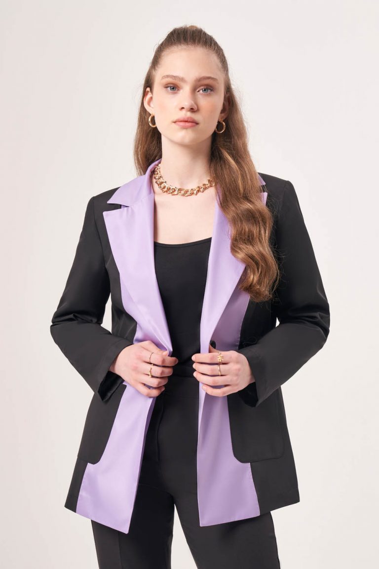 Mizalle Beli Büzgülü Siyah Lila Renk Bloklu Blazer Ceket - Mizalle