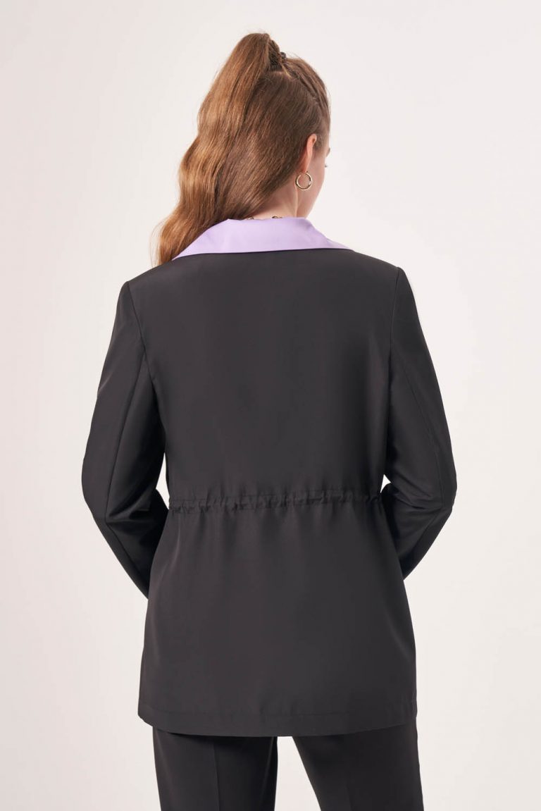 Mizalle Beli Büzgülü Siyah Lila Renk Bloklu Blazer Ceket - Mizalle