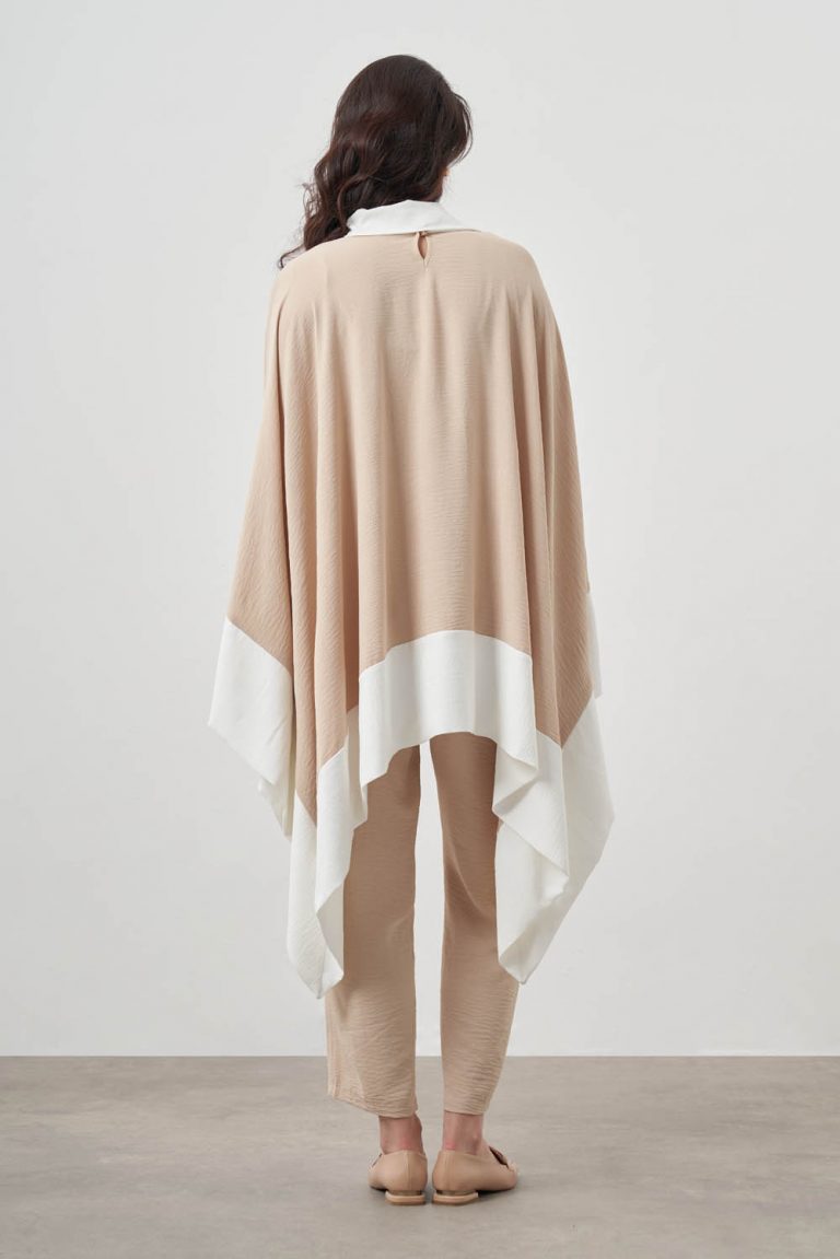 Mizalle Beyaz Bej Renk Bloklu Yarasa Kollu Pelerin Tunik - Mizalle