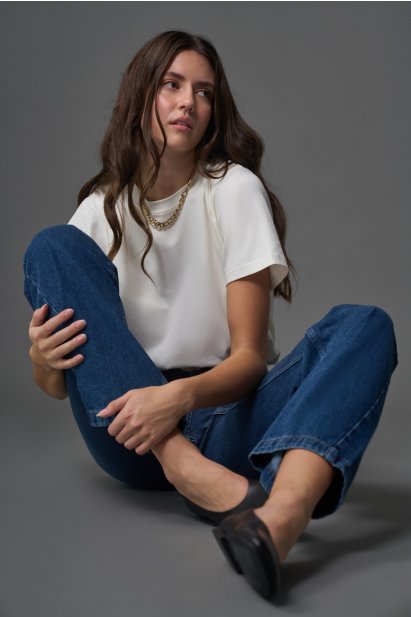 Mizalle Dar Kalıp Geniş Paça Koyu Mavi Denim Pantolon - Mizalle