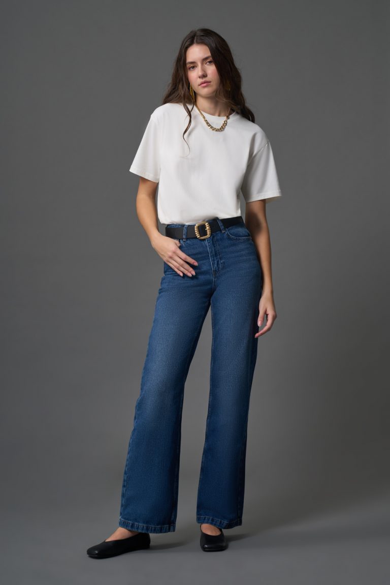 Mizalle Dar Kalıp Geniş Paça Koyu Mavi Denim Pantolon - Mizalle