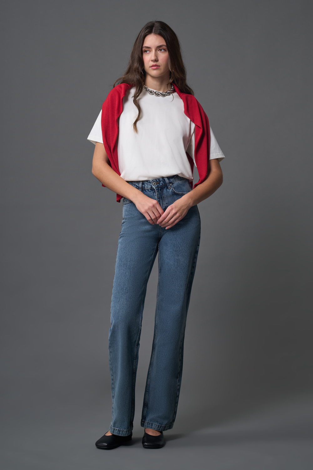 Mizalle - Mizalle Dar Kalıp Geniş Paça Mavi Denim Pantolon Mizalle - Mizalle Dar Kalıp Geniş Paça Mavi Denim Pantolon