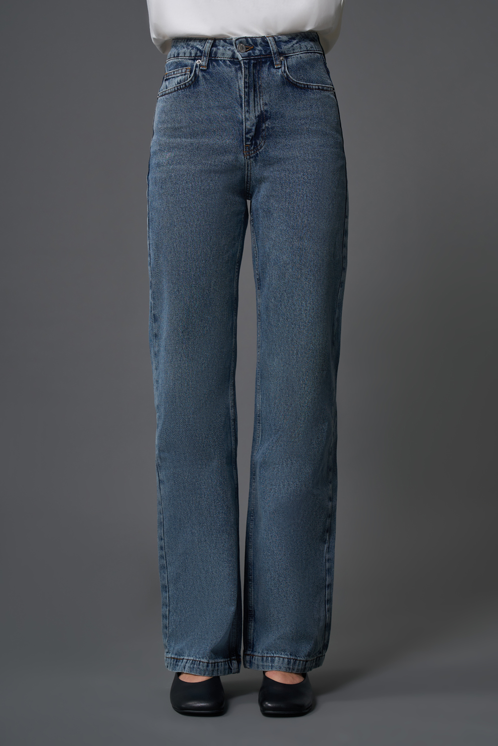 Mizalle Dar Kalıp Geniş Paça Mavi Denim Pantolon