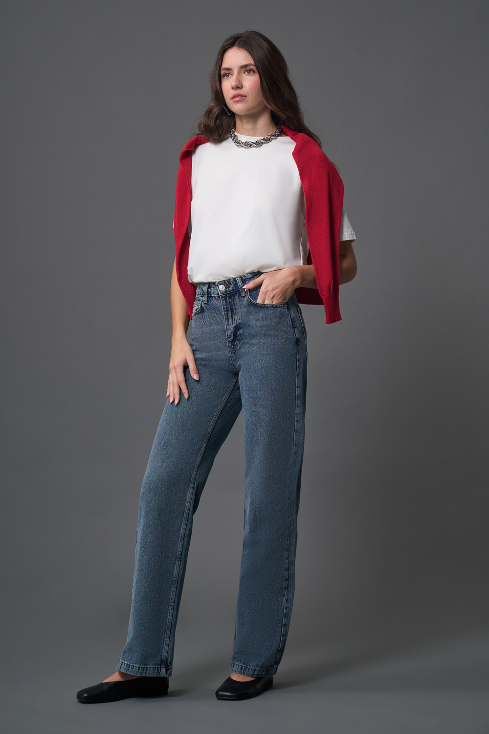 Mizalle Dar Kalıp Geniş Paça Mavi Denim Pantolon