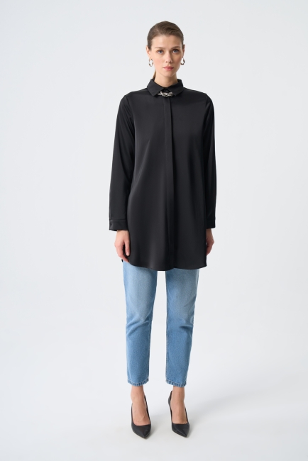 Mizalle - Mizalle Gizli Düğmeli Siyah Saten Tunik Mizalle - Mizalle Gizli Düğmeli Siyah Saten Tunik